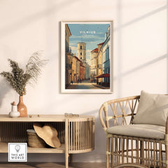 Vilnius Print - Lithuania Travel Poster - Urban Cityscape Wall Decor displayed in a stylish room setting.