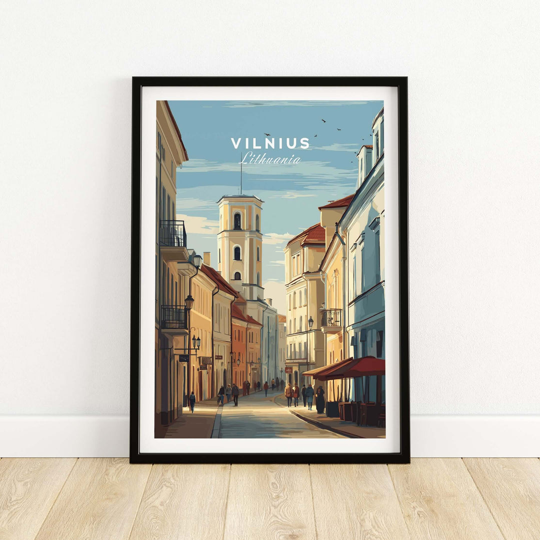 Vilnius Lithuania travel poster featuring urban cityscape and historic architecture in a framed print.