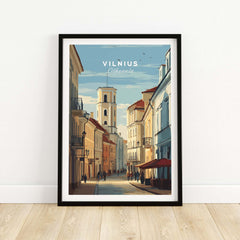 Vilnius Print - Lithuania Travel Poster - Urban Cityscape Wall Decor featuring a vibrant city street scene.
