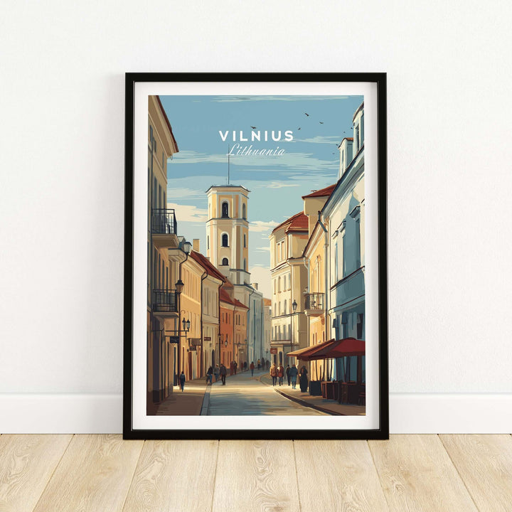 Vilnius Lithuania travel poster featuring urban cityscape and historic architecture in a framed print.