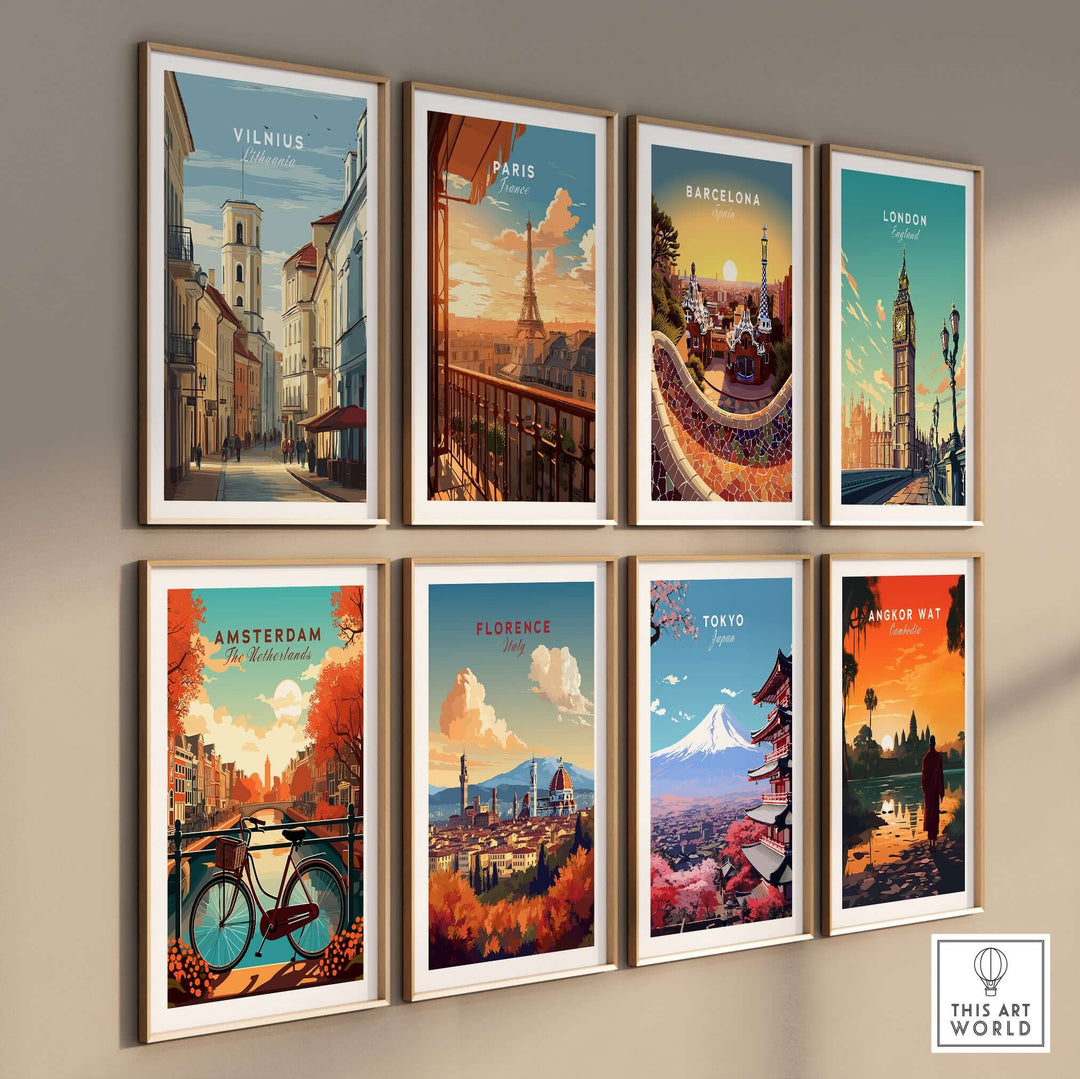 Collection of vibrant cityscape travel posters featuring Vilnius, Paris, Barcelona, London, Amsterdam, Florence, Tokyo, and Angkor Wat.