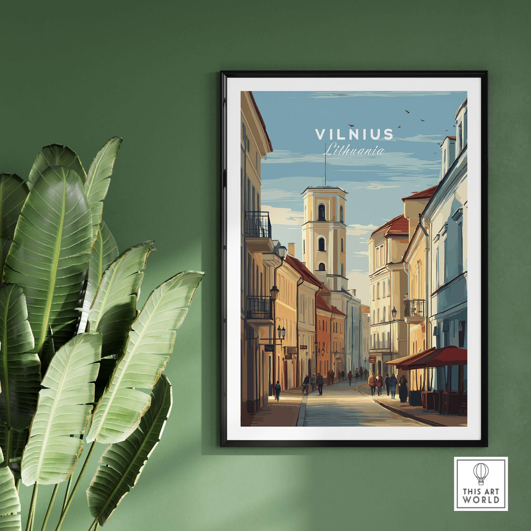 Vilnius travel poster featuring urban cityscape decor with historic architecture and vibrant street life.