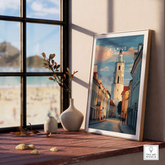 Vilnius Poster - Lithuanian Street Scene Print - Architectural Wall Decor displayed on a table with a scenic view.