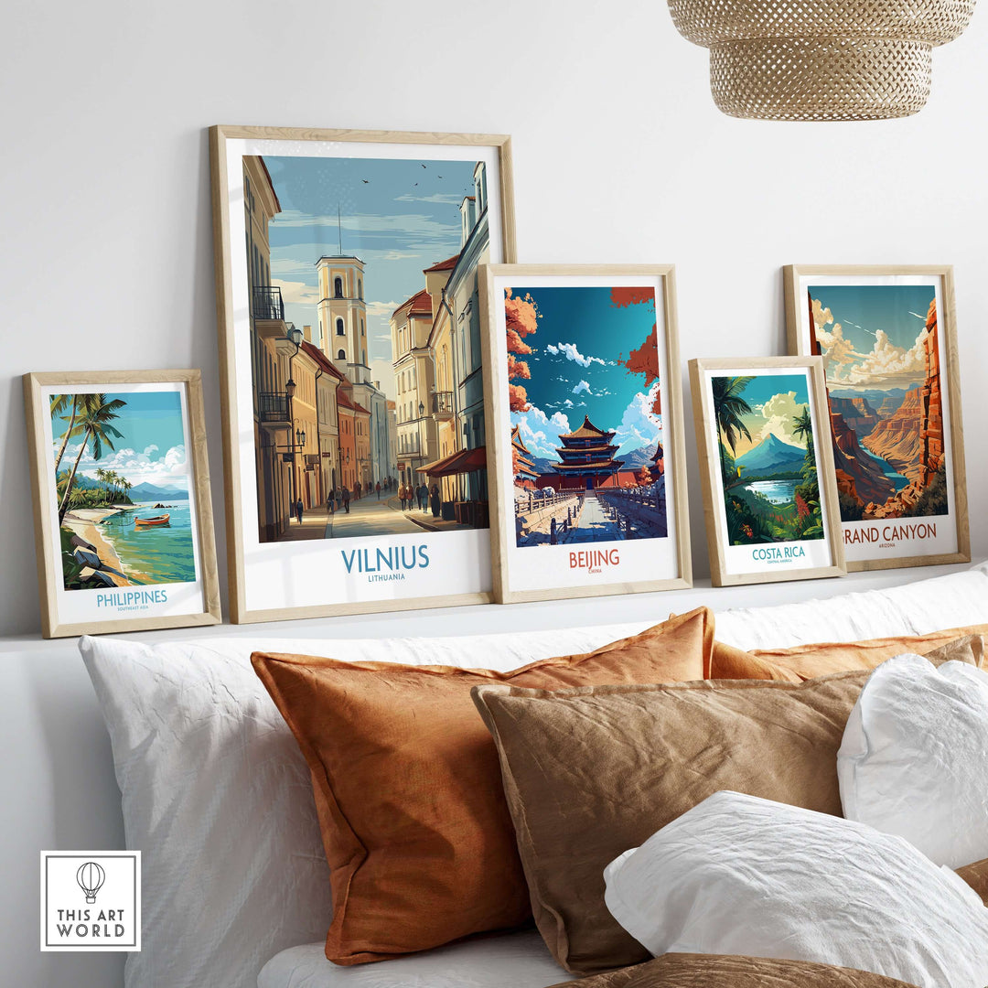 Gallery of framed travel posters including Vilnius, showcasing iconic architecture and vibrant landscapes.
