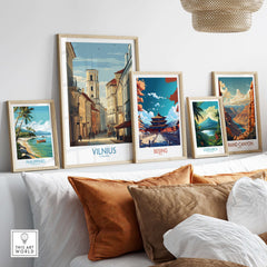 Vilnius Poster - Lithuania Old Town Wall Art - European City Print displayed among other travel art prints on a stylish wall.