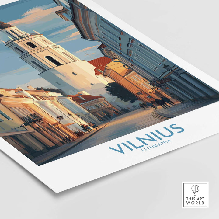 Vilnius Old Town poster featuring historic architecture and streets, showcasing Lithuania's charm and European city allure.