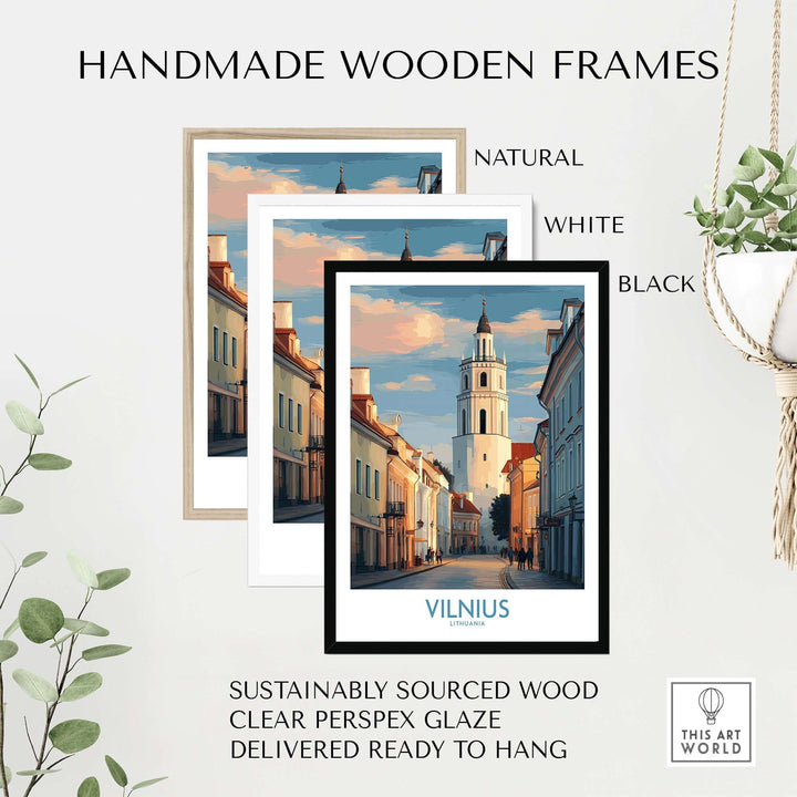 Handmade wooden frames in natural, white, and black colors for Vilnius Old Town poster, sustainably sourced wood.