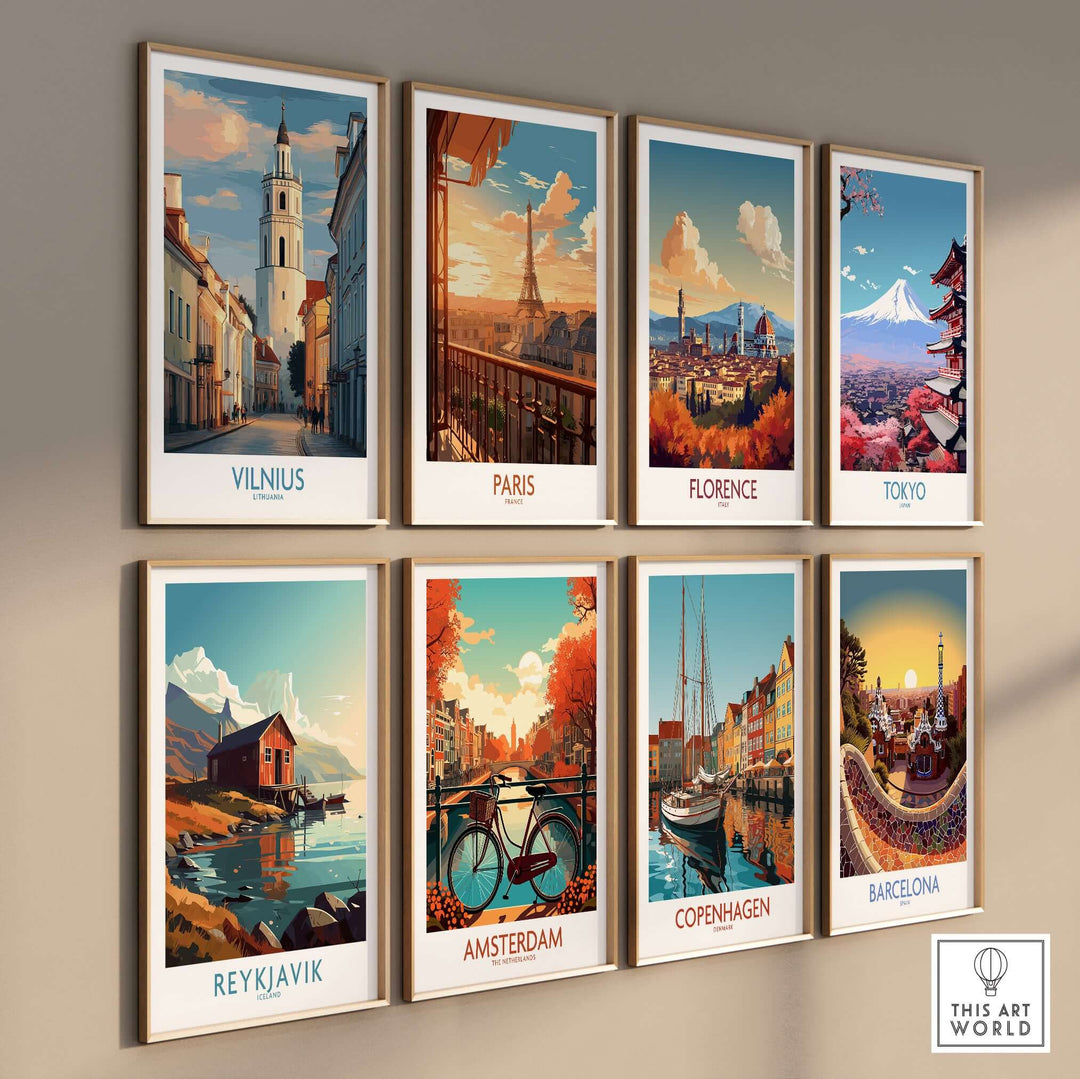 Collection of European city travel posters featuring Vilnius, Paris, Florence, Tokyo, Reykjavik, Amsterdam, Copenhagen, and Barcelona.