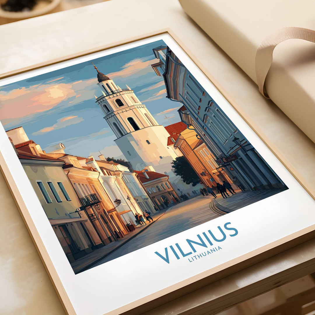 Vilnius Old Town poster featuring European cityscape in warm tones, framed wall art for travel lovers.