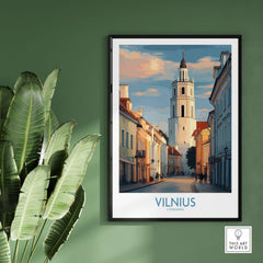 Vilnius Old Town Poster - Lithuania Travel Print - European City Wall Art showcased in a stylish frame against a green wall.