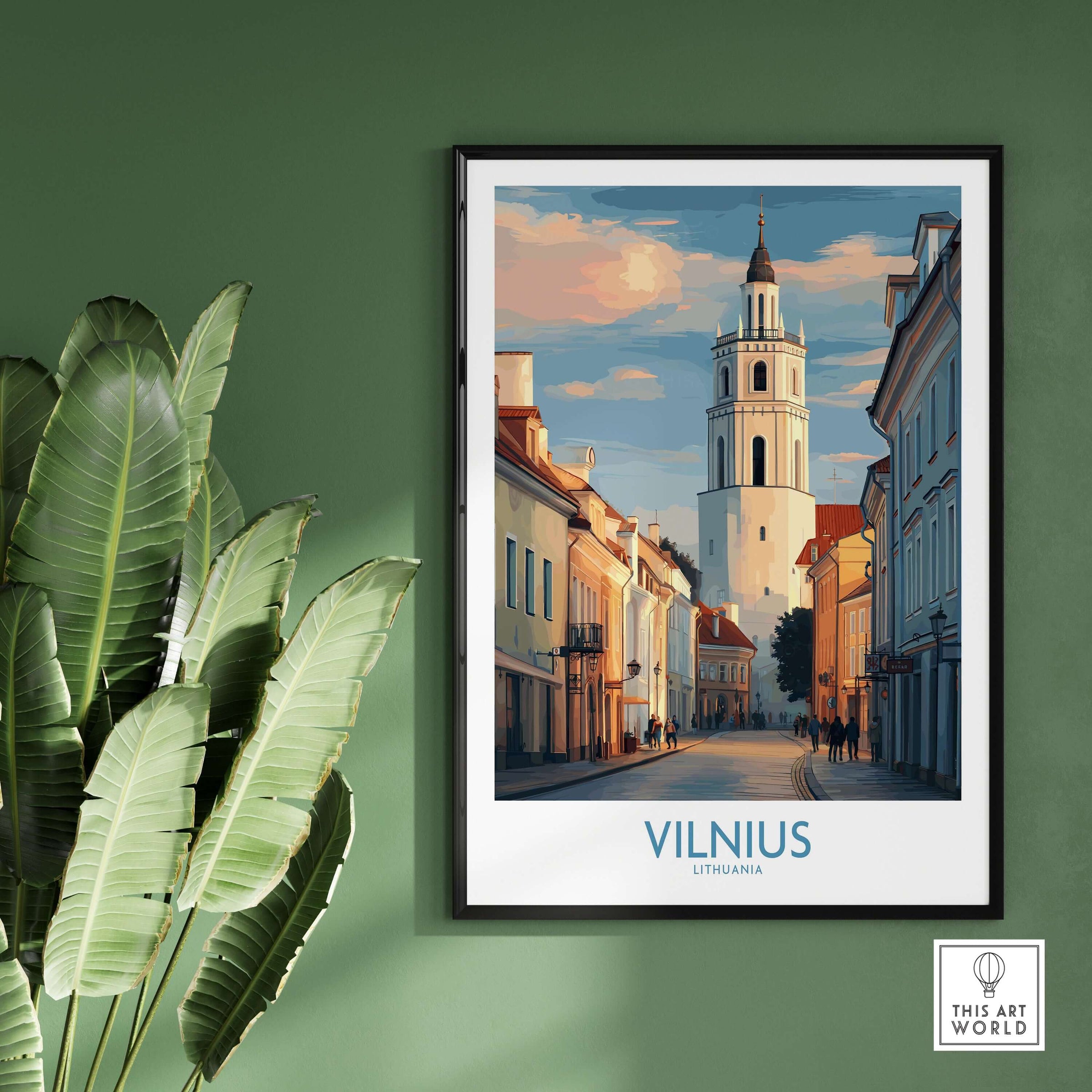 Vilnius Old Town Poster - Lithuania Travel Print - European City Wall Art showcased in a stylish frame against a green wall.