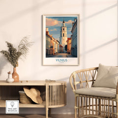 Vilnius Old Town Poster - Lithuania Travel Print - European City Wall Art displayed in a modern living room setting.