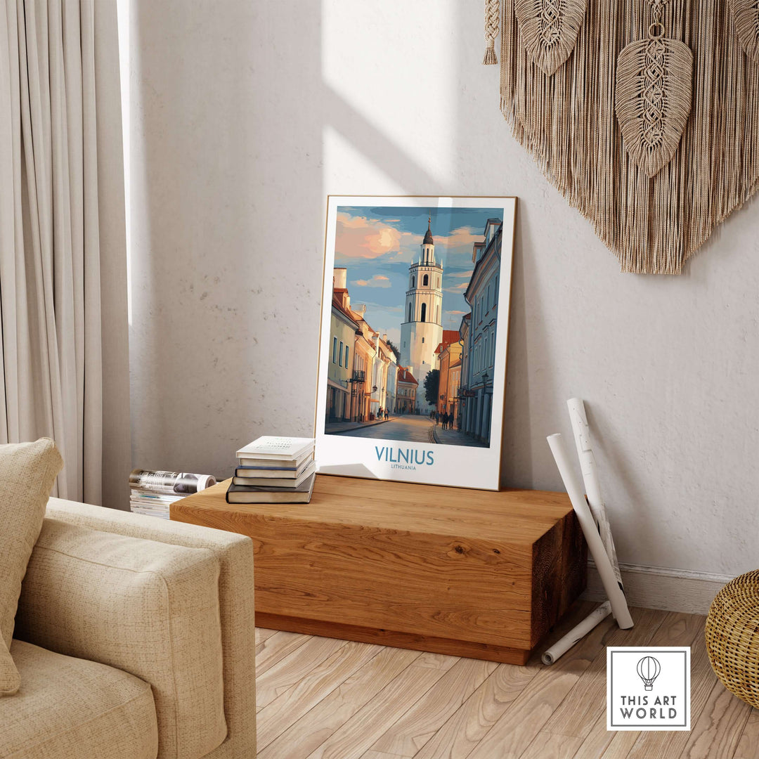 Vilnius Old Town poster displayed in a stylish living room, highlighting European architecture and cultural charm.