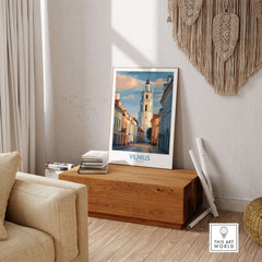 Vilnius Old Town Poster - Lithuania Travel Print - European City Wall Art displayed in a stylish living room setting.