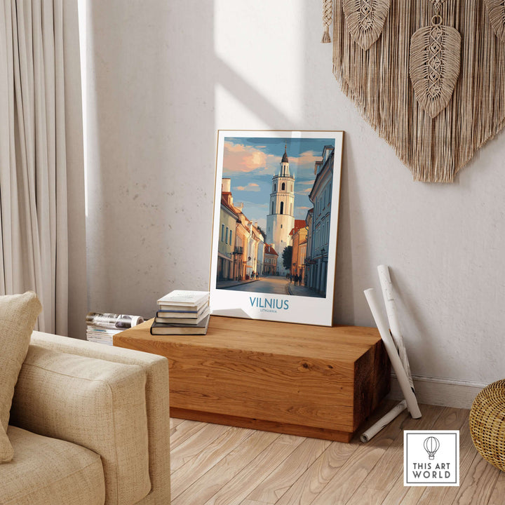 Vilnius Old Town poster displayed in a stylish living room, highlighting European architecture and cultural charm.