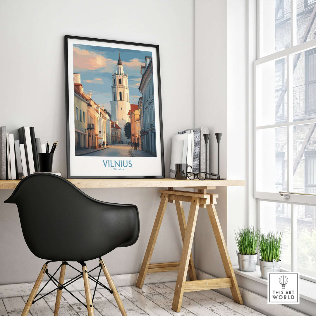 Vilnius Old Town poster displayed in a stylish workspace, showcasing Lithuania's architectural beauty and culture.