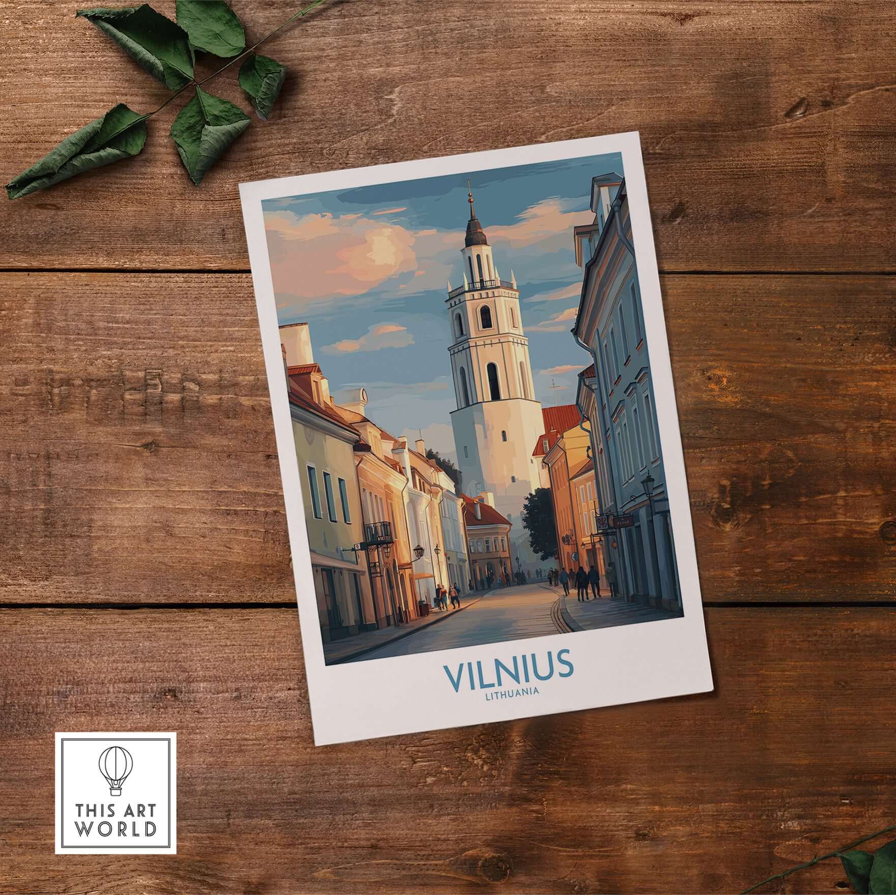Vilnius Old Town Poster - Lithuania Travel Print - European City Wall Art on a wooden table backdrop.