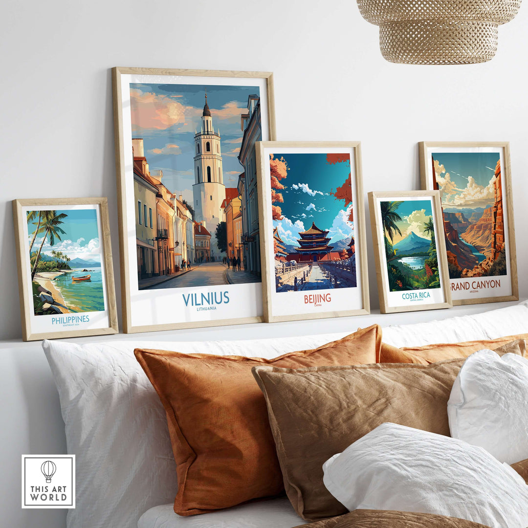 Artistic display of framed travel posters, featuring Vilnius, Beijing, and more, showcasing vibrant cityscapes and landscapes.