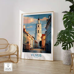 Vilnius Old Town Poster - Lithuania Travel Print - European City Wall Art displayed in a stylish interior setting.