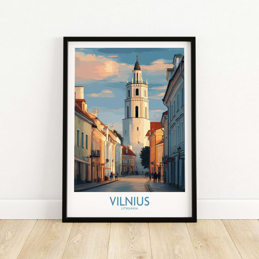 Vilnius Old Town poster showcasing cityscape with historic architecture and blue skies for vibrant wall art.