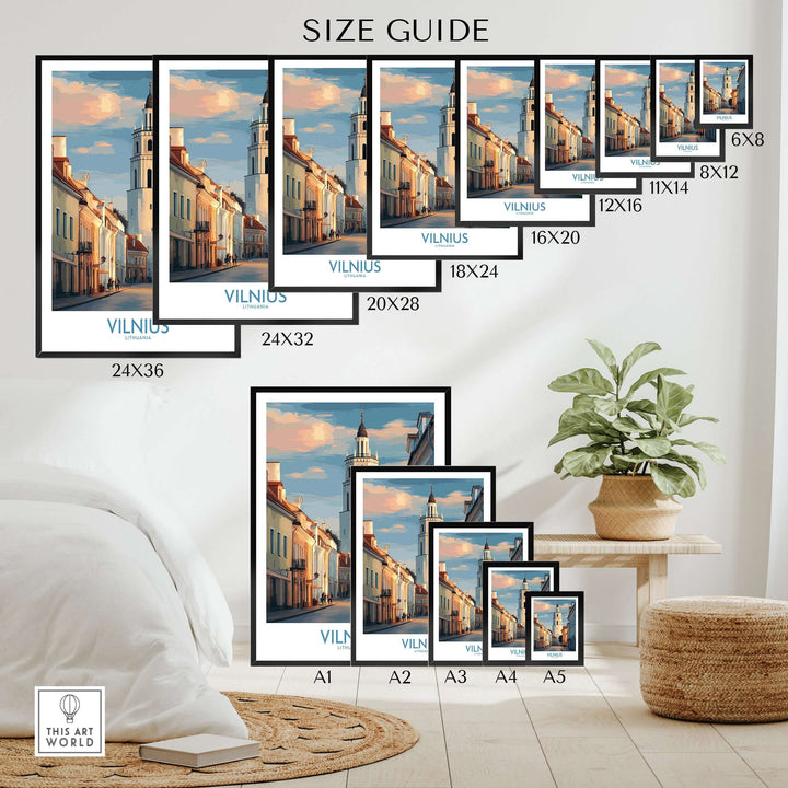 Vilnius Old Town poster size guide showcasing different dimensions for European city wall art prints.