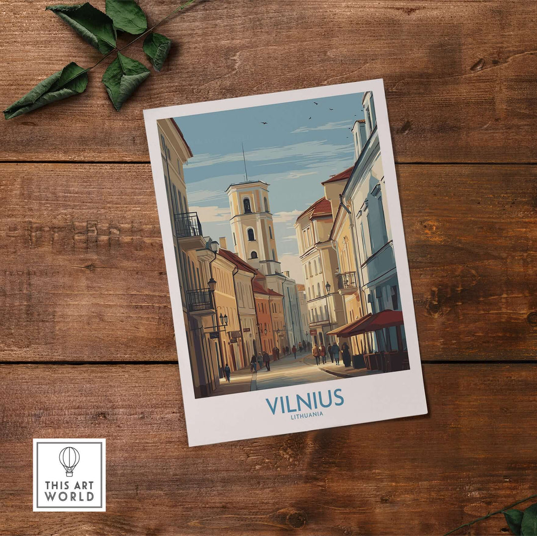 Vilnius poster artwork featuring historic architecture and vibrant street scene in Lithuania's Old Town.