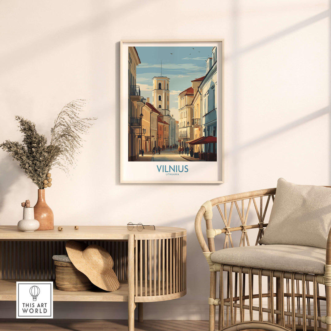 Vilnius poster showcasing Lithuania's Old Town architecture in a cozy living room setting.