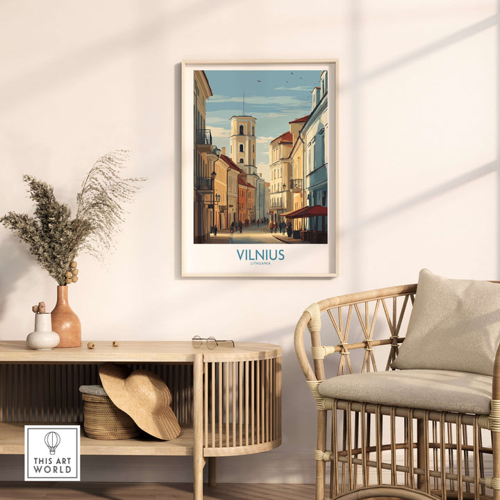 Vilnius poster showcasing Lithuania's Old Town architecture in a cozy living room setting.