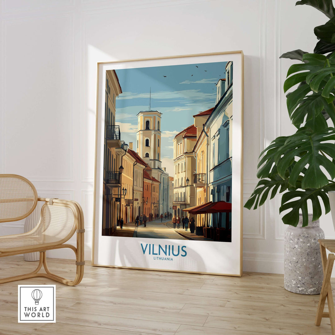 Vilnius poster showcasing Lithuania's Old Town, vibrant architecture and culture in elegant wall art print.