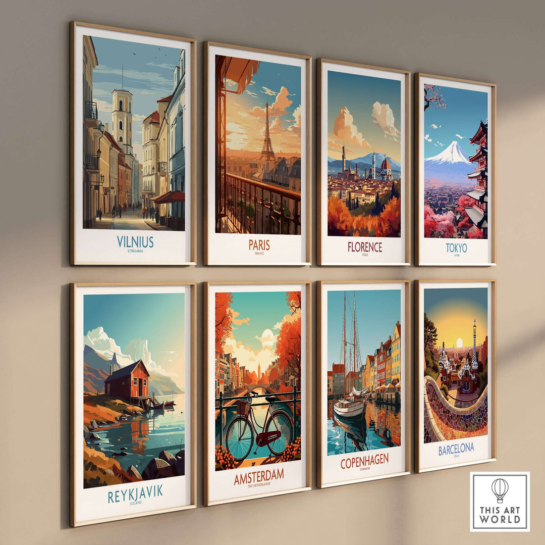 Colorful travel posters featuring Vilnius, Paris, Florence, Tokyo, Reykjavik, Amsterdam, Copenhagen, and Barcelona.