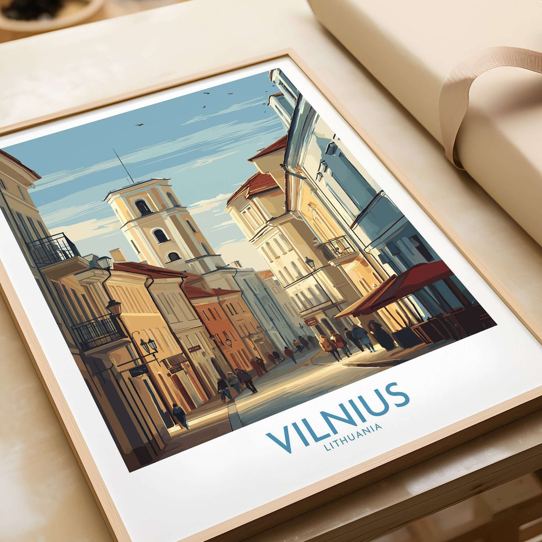 Vilnius poster featuring historic architecture of Lithuania's Old Town in a stylish print design.