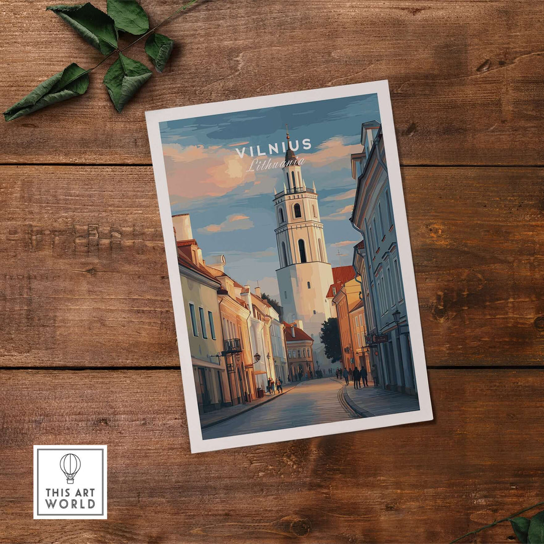 Vilnius poster showcasing a Lithuanian street scene with unique architecture and vibrant urban life.