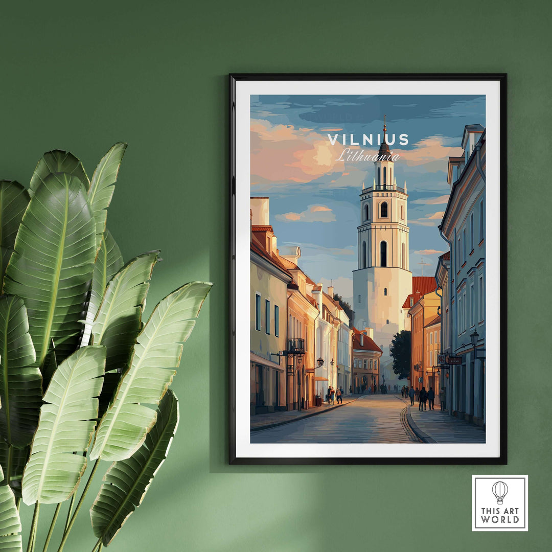 Vilnius poster featuring a street scene and unique architecture, ideal for architectural wall decor and Lithuanian culture.