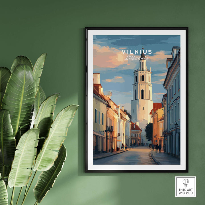 Vilnius poster featuring a street scene and unique architecture, ideal for architectural wall decor and Lithuanian culture.