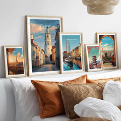 Vilnius Poster - Lithuanian Street Scene Print - Architectural Wall Decor displayed among other city prints on a wall.