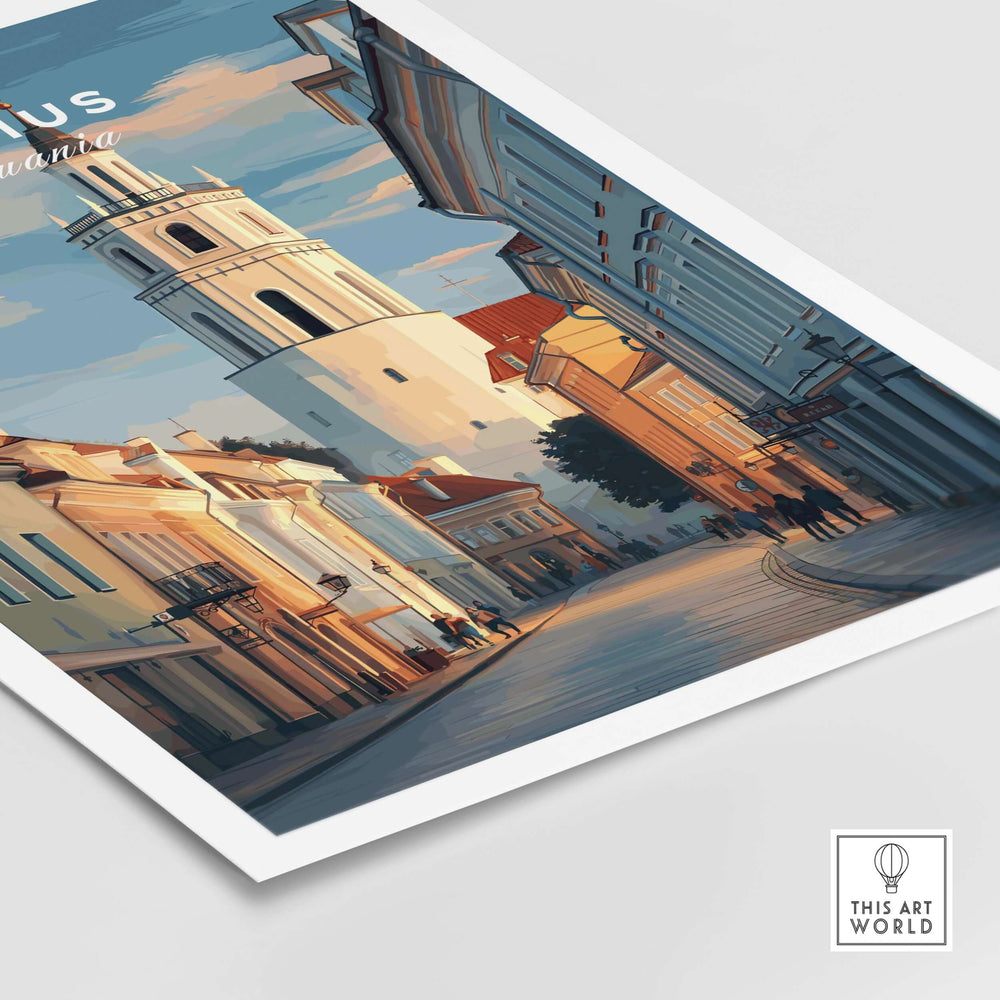 Vilnius poster featuring a charming street scene and unique architecture, perfect for wall decor.
