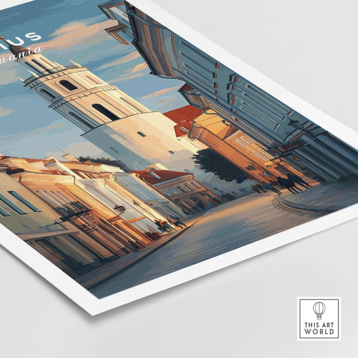 Vilnius poster featuring a charming street scene and unique architecture, perfect for wall decor.