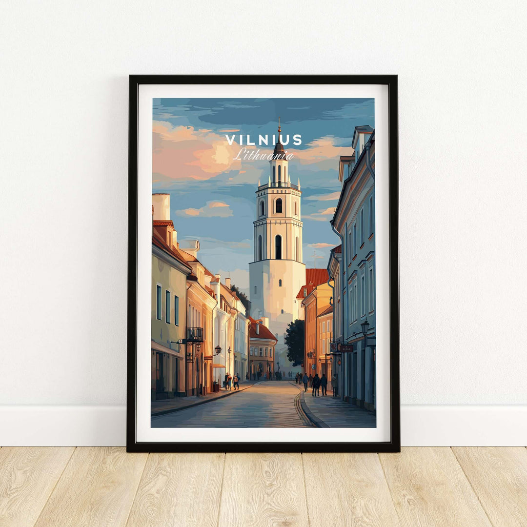 Vilnius street scene poster showcasing unique architecture and vibrant colors, perfect for architectural wall decor.