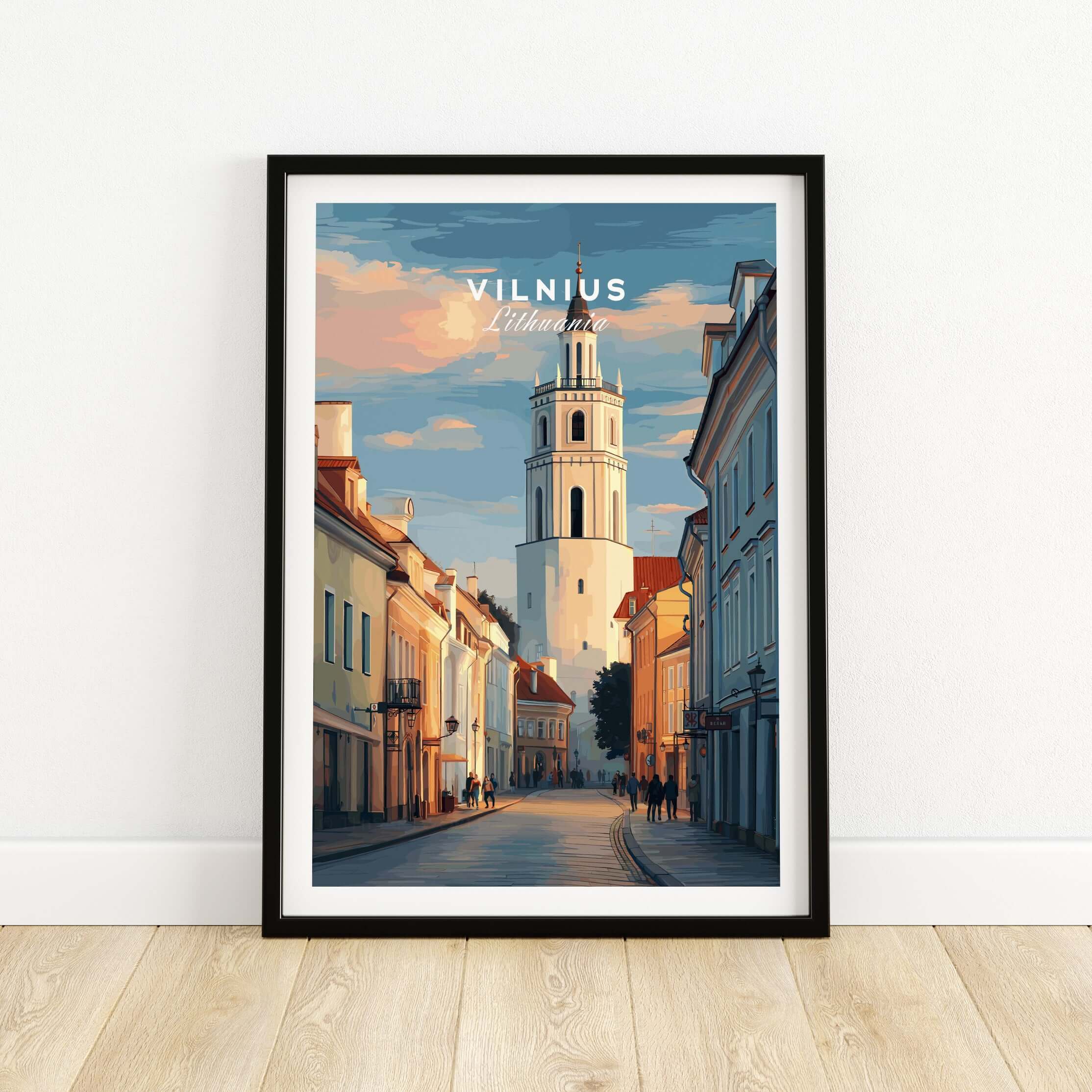 Vilnius Poster - Lithuanian Street Scene Print - Architectural Wall Decor in a stylish frame showcasing vibrant architecture.
