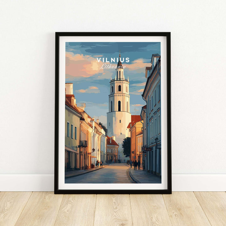 Vilnius street scene poster showcasing unique architecture and vibrant colors, perfect for architectural wall decor.
