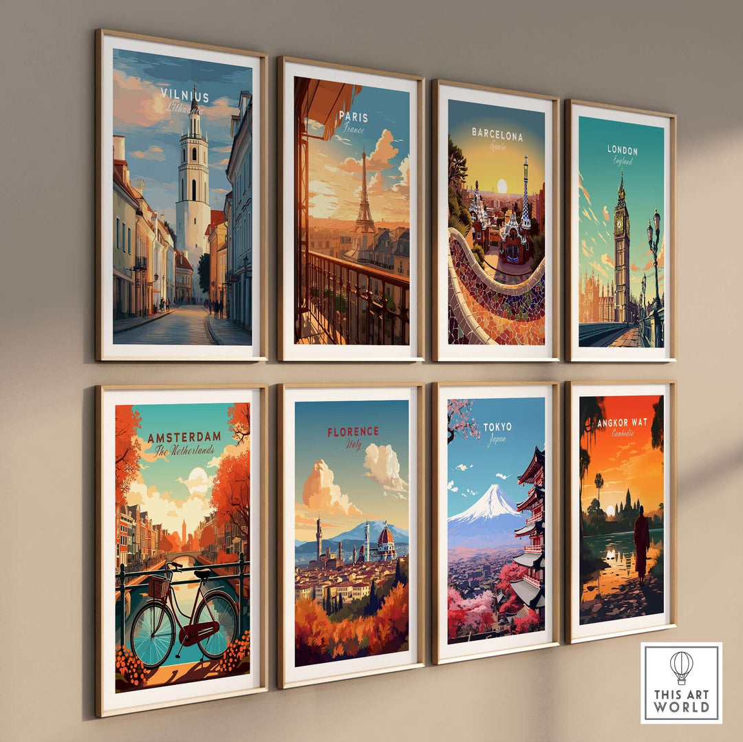 Gallery wall featuring travel posters of Vilnius, Paris, Barcelona, London, Amsterdam, Florence, Tokyo, and Angkor Wat.
