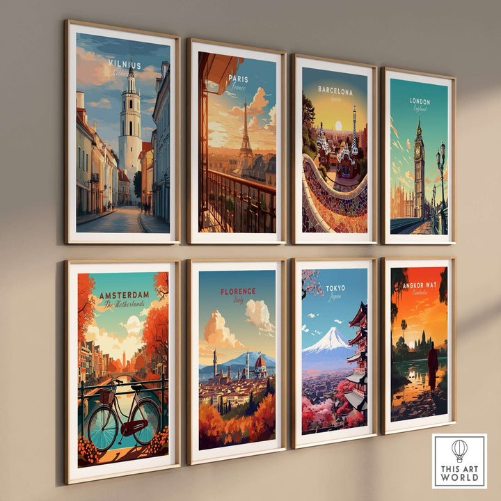 Gallery wall featuring travel posters of Vilnius, Paris, Barcelona, London, Amsterdam, Florence, Tokyo, and Angkor Wat.