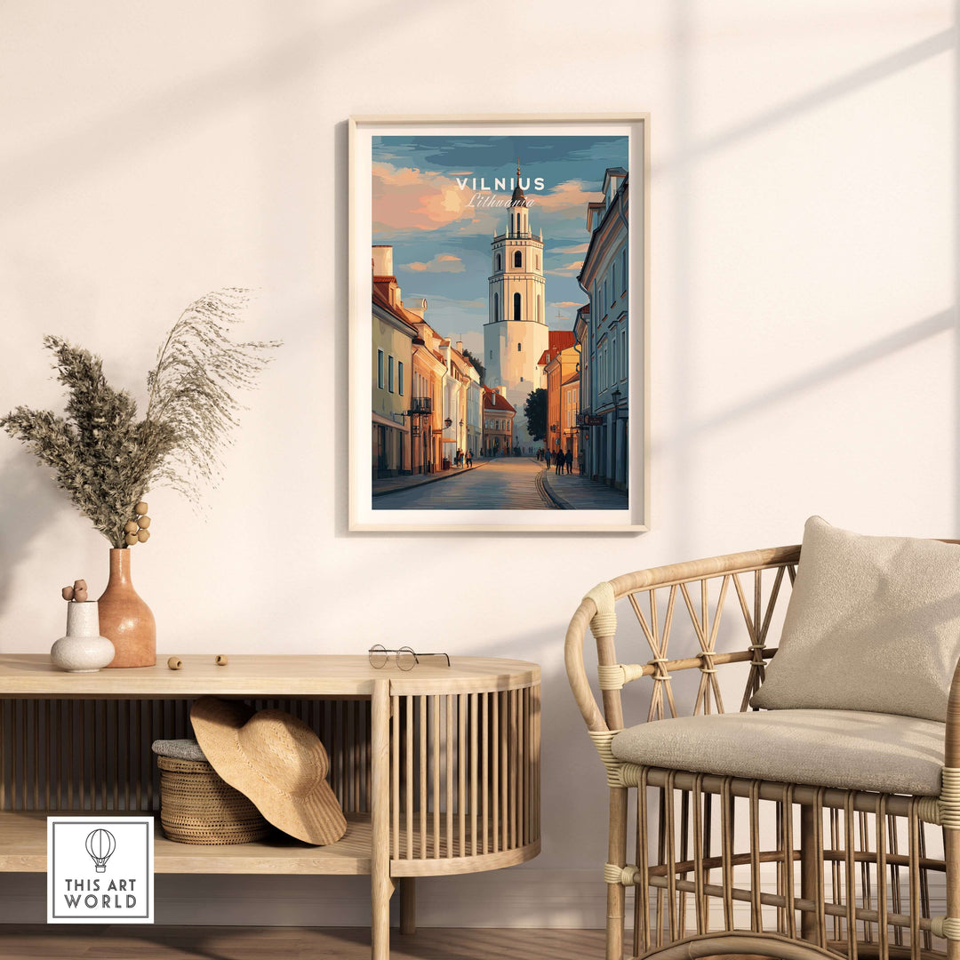 Vilnius poster featuring a street scene and architecture, displayed in a modern living room setting.