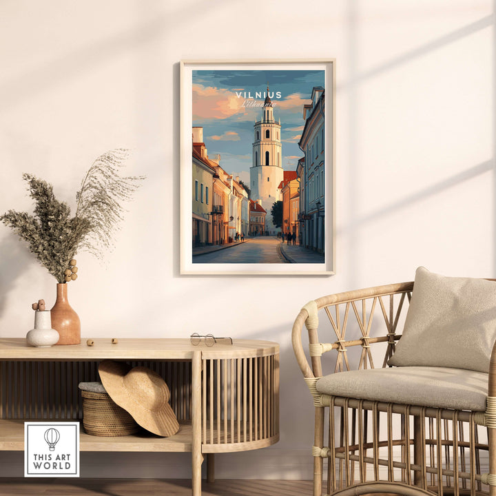 Vilnius poster featuring a street scene and architecture, displayed in a modern living room setting.