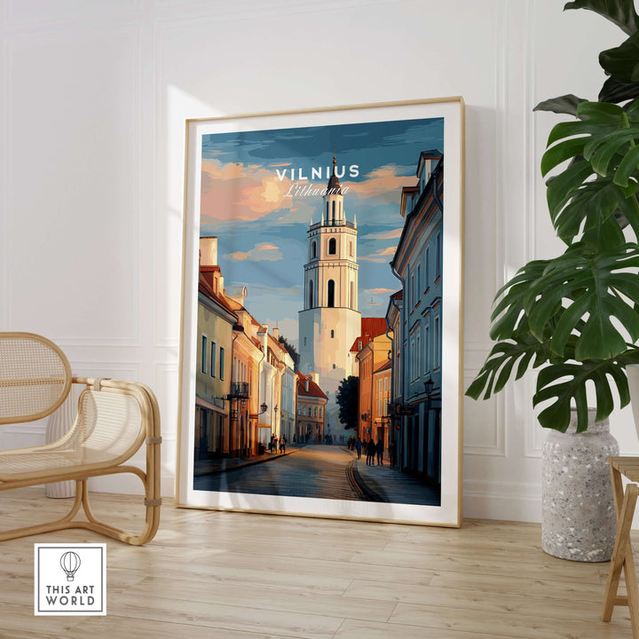 Vilnius street scene poster showcasing unique architecture and vibrant urban life in a stylish interior setting.