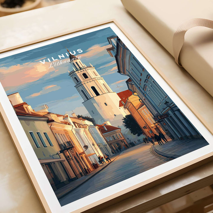 Vilnius poster featuring a picturesque Lithuanian street scene with unique architecture and vibrant colors.