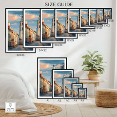 Vilnius Poster - Lithuanian Street Scene Print - Architectural Wall Decor size guide with various frame sizes displayed.