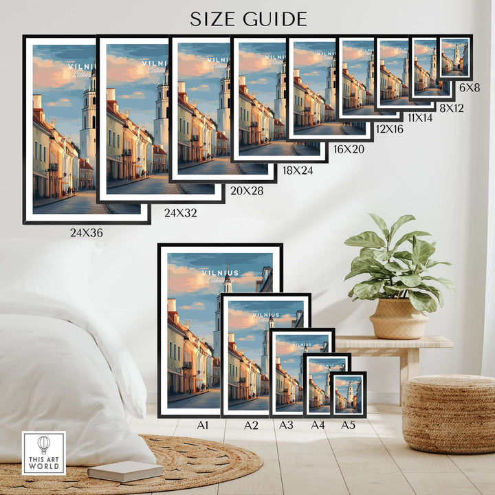 Vilnius Poster size guide showcasing various print dimensions for architectural wall decor.