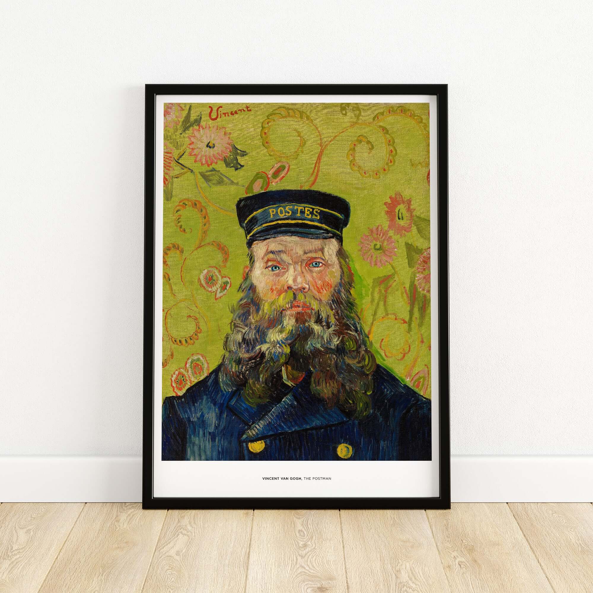 Exhibition Art Print Vincent van Gogh The Postman Famous Portrait Wall Art Poster framed on a wall