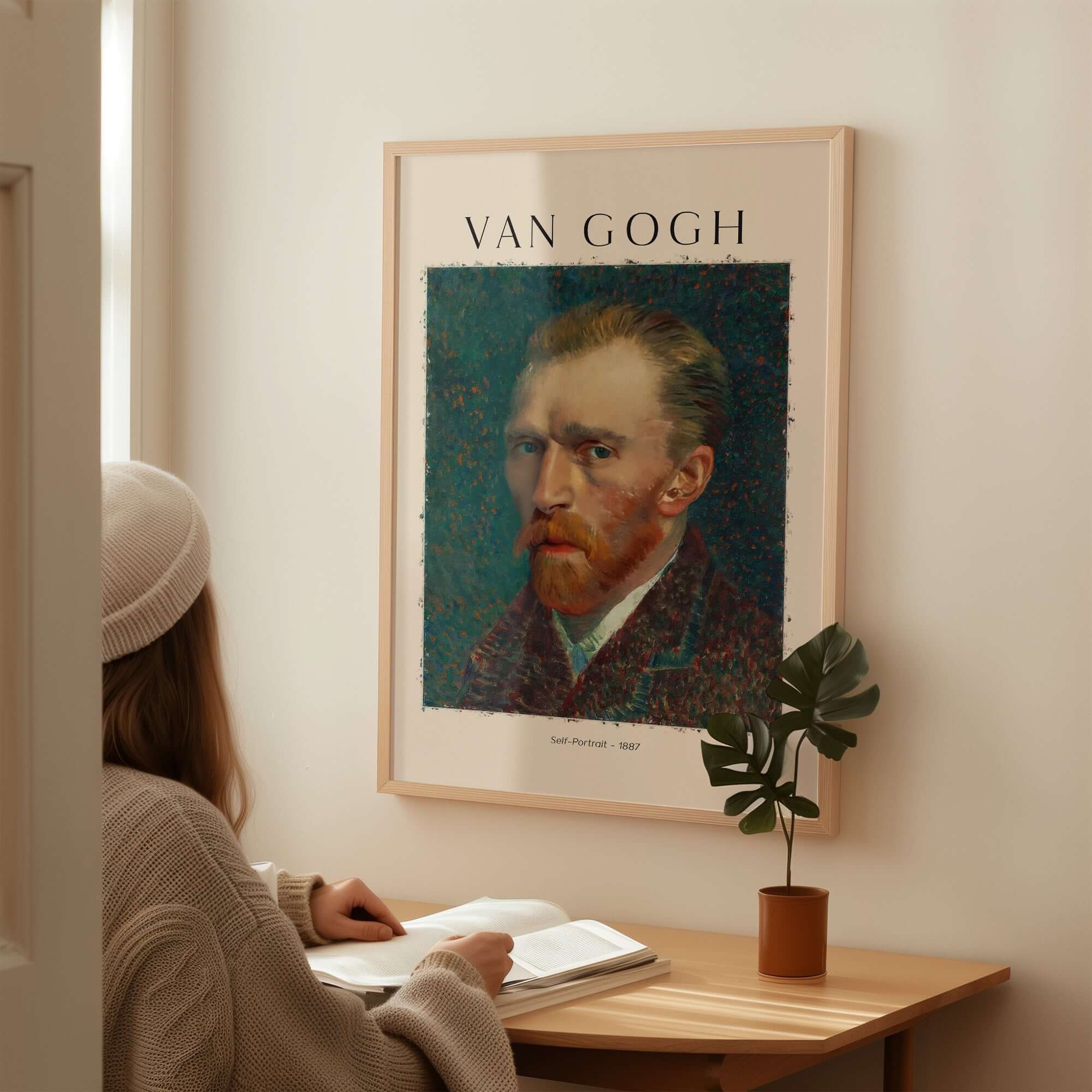 Vincent van Gogh Self Portrait 1887 Post Impressionist Artist Poster Print Wall Art displayed in a cozy setting.